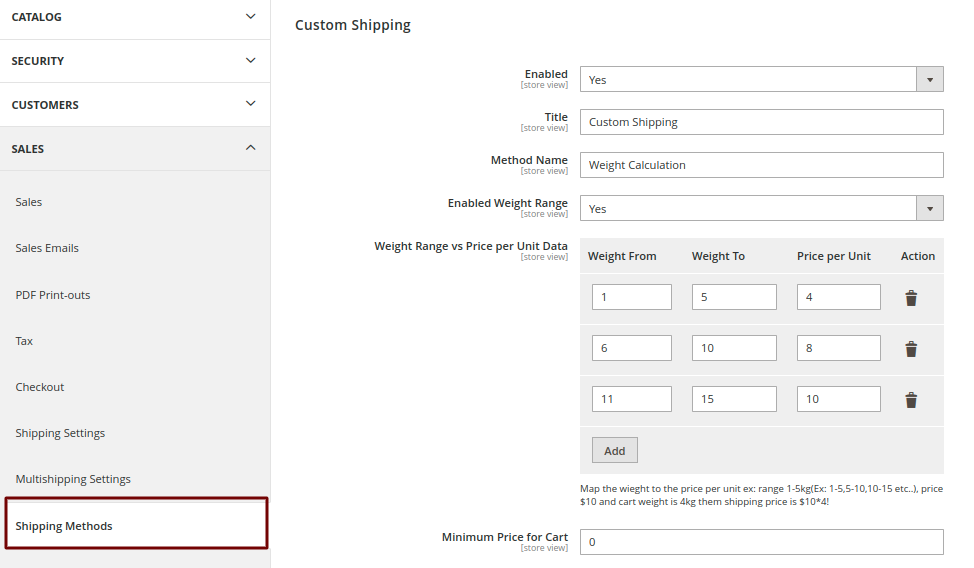 Magento 2 Cart Weight Shipping Price